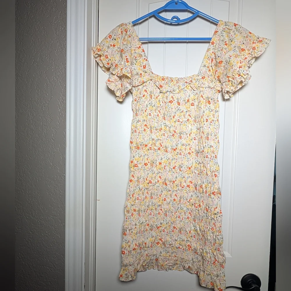 Storia Yellow Floral Smocked Mini Dress with Orange Accents, Women's Size Medium - Picture 5 of 10